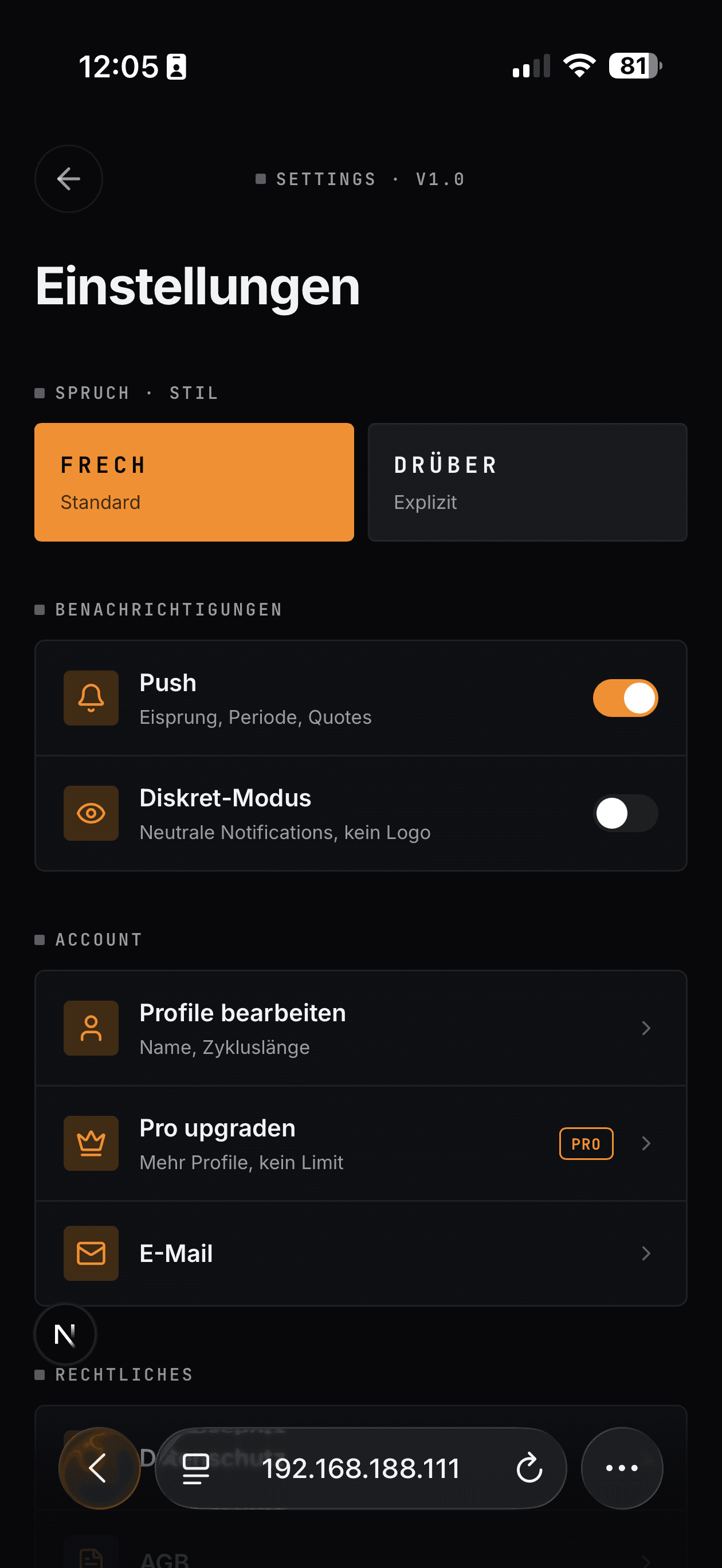 Settings: Spruch-Stil Auswahl Frech / Drueber